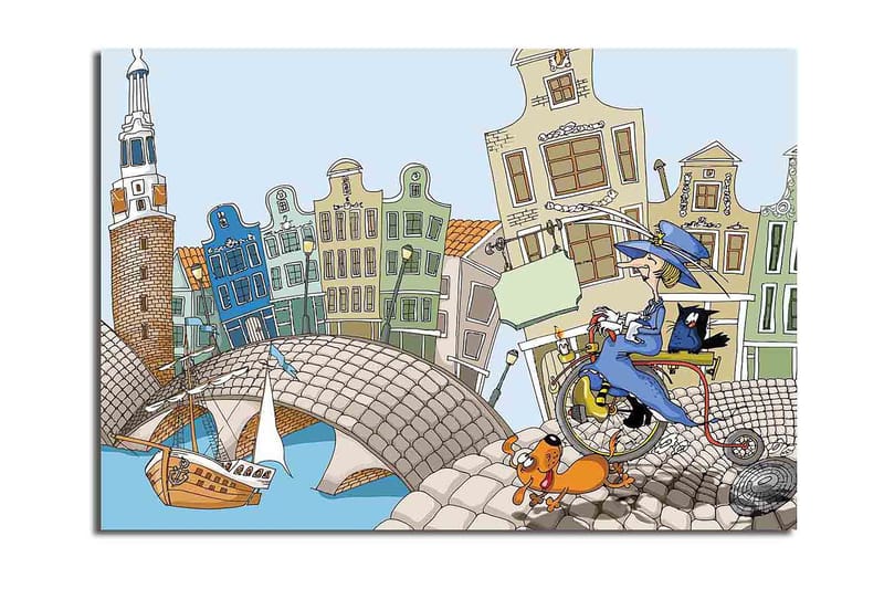 Lærred 70x100 cm - Kvinde på cykel med hund og kat, omgivet af farverige huse og en bro, Blå / Grøn / Orange