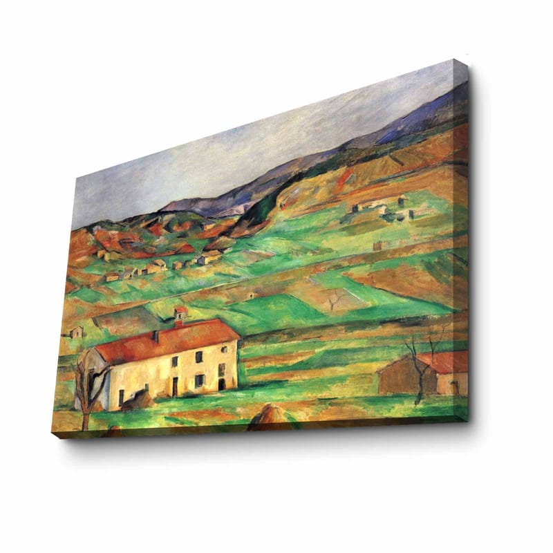 Lærred 70x100 cm - Landskabsmaleri med en gullig bygning omgivet af grønne marker og bakker - Grøn / Gul / Orange - Boligtilbehør - Billeder & kunst - Billeder på lærred