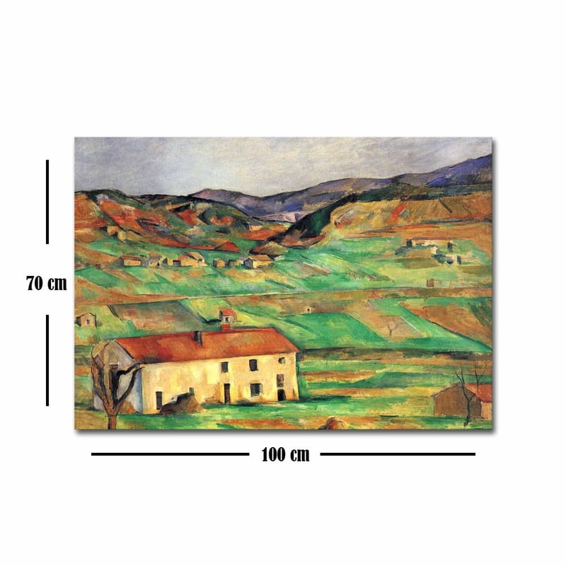 Lærred 70x100 cm - Landskabsmaleri med en gullig bygning omgivet af grønne marker og bakker - Grøn / Gul / Orange - Boligtilbehør - Billeder & kunst - Billeder på lærred