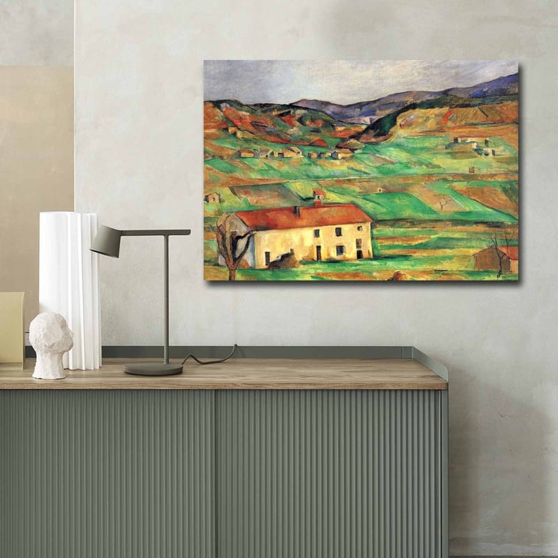 Lærred 70x100 cm - Landskabsmaleri med en gullig bygning omgivet af grønne marker og bakker - Grøn / Gul / Orange - Boligtilbehør - Billeder & kunst - Billeder på lærred
