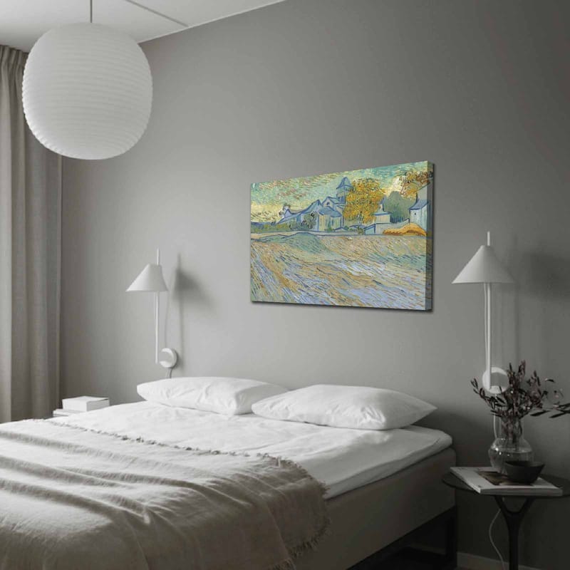 Lærred 70x100 cm - Landskabsmaleri med huse og træer i et harmonisk og farverigt miljø, Blå / Gul / Grøn