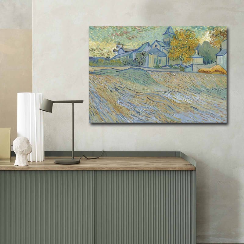 Lærred 70x100 cm - Landskabsmaleri med huse og træer i et harmonisk og farverigt miljø - Blå / Gul / Grøn - Boligtilbehør - Billeder & kunst - Billeder på lærred