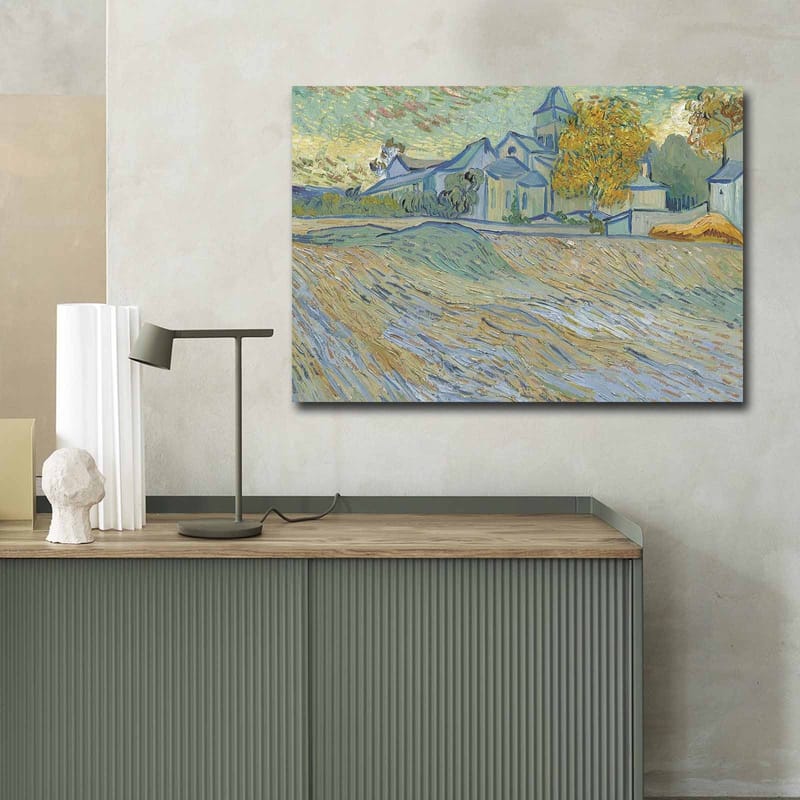 Lærred 70x100 cm - Landskabsmaleri med huse og træer i et harmonisk og farverigt miljø - Blå / Gul / Grøn - Boligtilbehør - Billeder & kunst - Billeder på lærred