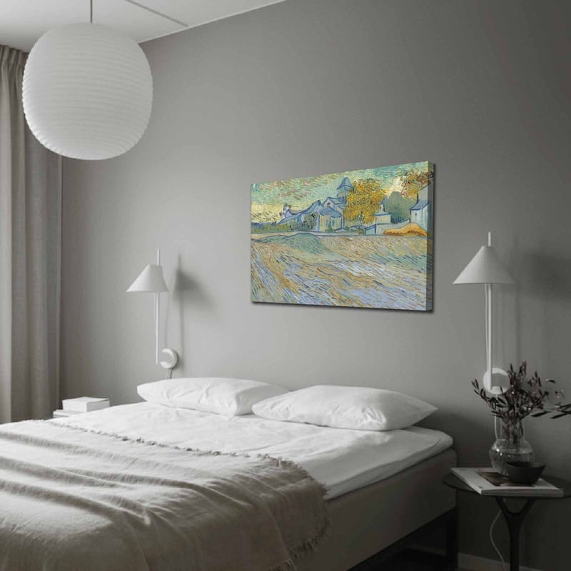 Lærred 70x100 cm - Landskabsmaleri med huse og træer i et harmonisk og farverigt miljø, Blå / Gul / Grøn