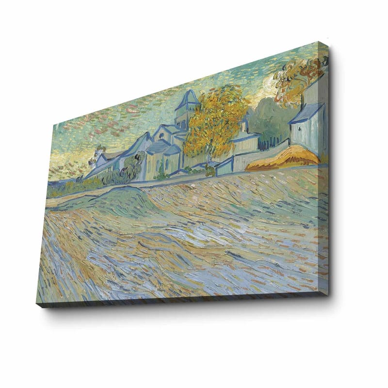 Lærred 70x100 cm - Landskabsmaleri med huse og træer i et harmonisk og farverigt miljø - Blå / Gul / Grøn - Boligtilbehør - Billeder & kunst - Billeder på lærred