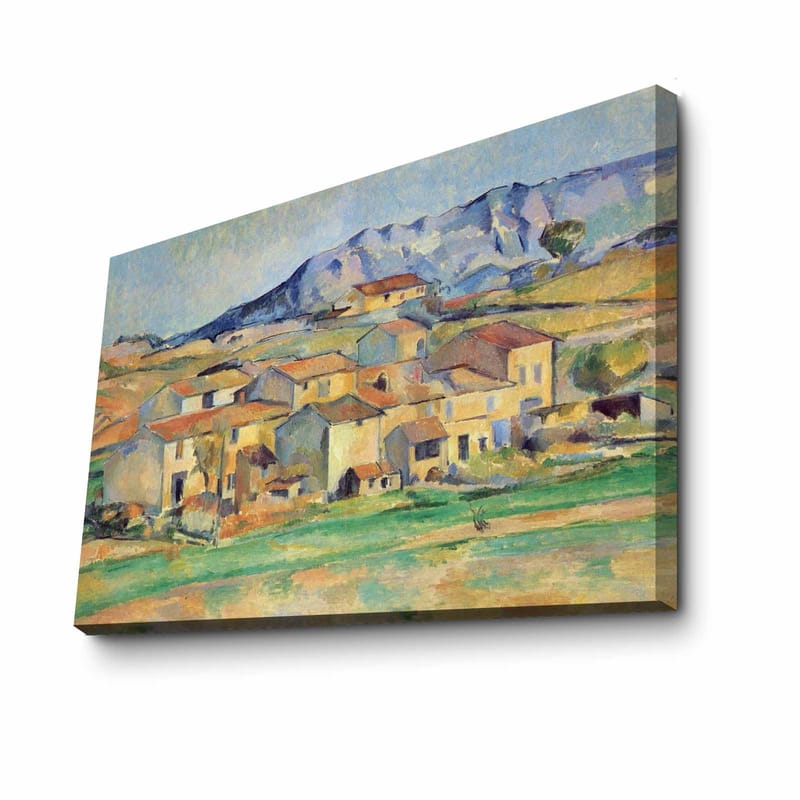 Lærred 70x100 cm - Landskabsmaleri med maleriske huse omgivet af grønne marker og bjerge i baggrunden - Gul / Grøn / Blå - Boligtilbehør - Billeder & kunst - Billeder på lærred