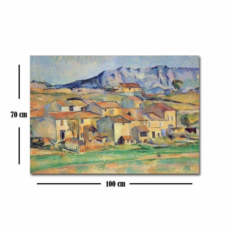 Lærred 70x100 cm - Landskabsmaleri med maleriske huse omgivet af grønne marker og bjerge i baggrunden - Gul / Grøn / Blå - Boligtilbehør - Billeder & kunst - Billeder på lærred