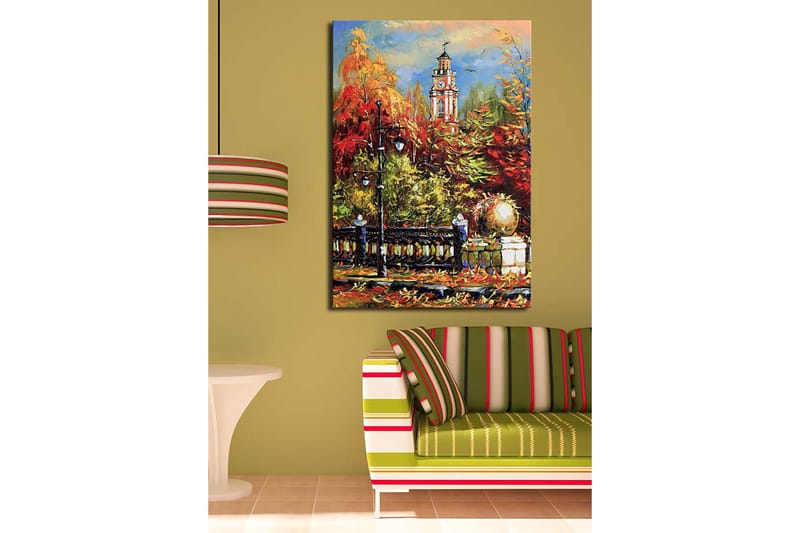 Lærred 70x100 cm - Livlig efterårsscene med et klokketårn i baggrunden omgivet af farverige træer og lys - Rød / Orange / Grøn - Boligtilbehør - Billeder & kunst - Billeder på lærred