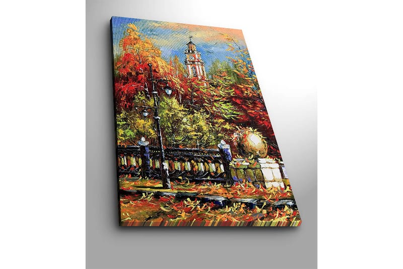 Lærred 70x100 cm - Livlig efterårsscene med et klokketårn i baggrunden omgivet af farverige træer og lys - Rød / Orange / Grøn - Boligtilbehør - Billeder & kunst - Billeder på lærred