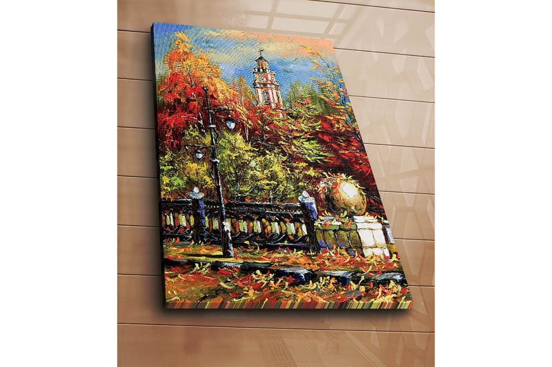 Lærred 70x100 cm - Livlig efterårsscene med et klokketårn i baggrunden omgivet af farverige træer og lys - Rød / Orange / Grøn - Boligtilbehør - Billeder & kunst - Billeder på lærred