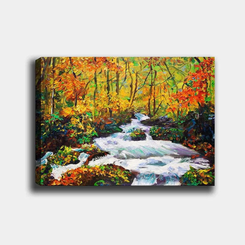 Lærred 70x100 cm - Livlig flod, der løber gennem et farverigt efterårsskovlandskab, Orange / Grøn / Hvid