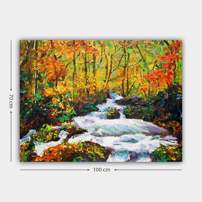Lærred 70x100 cm - Livlig flod, der løber gennem et farverigt efterårsskovlandskab - Orange / Grøn / Hvid - Boligtilbehør - Billeder & kunst - Billeder på lærred