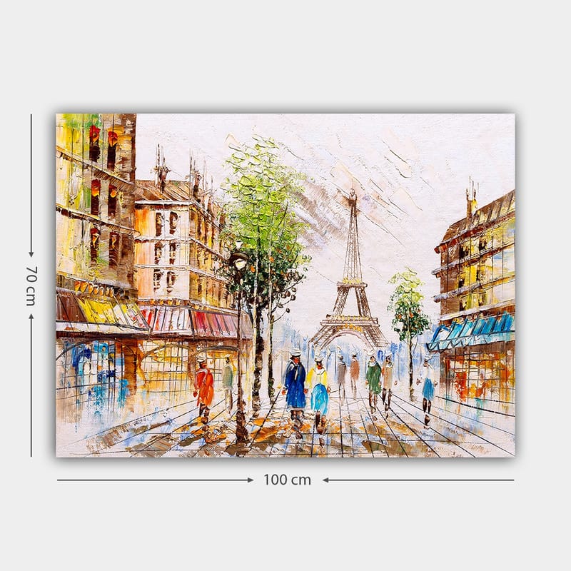 Lærred 70x100 cm - Livlig gade i Paris med Eiffeltårnet i baggrunden og gående mennesker - Grøn / Blå / Orange - Boligtilbehør - Billeder & kunst - Billeder på lærred