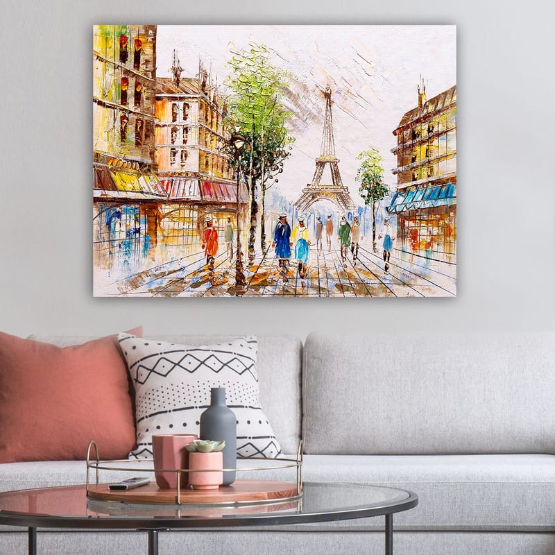 Lærred 70x100 cm - Livlig gade i Paris med Eiffeltårnet i baggrunden og gående mennesker - Grøn / Blå / Orange - Boligtilbehør - Billeder & kunst - Billeder på lærred