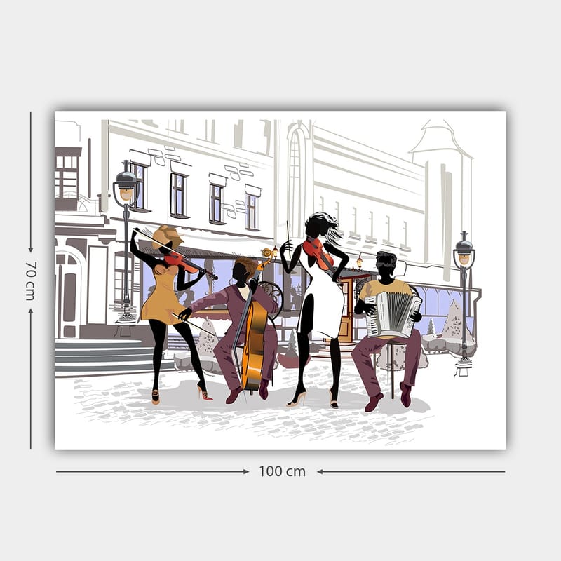 Lærred 70x100 cm - Livlig musikgruppe spiller på gaden med fokus på fire musikere og deres instrumenter - Sort / Rød / Beige - Boligtilbehør - Billeder & kunst - Billeder på lærred