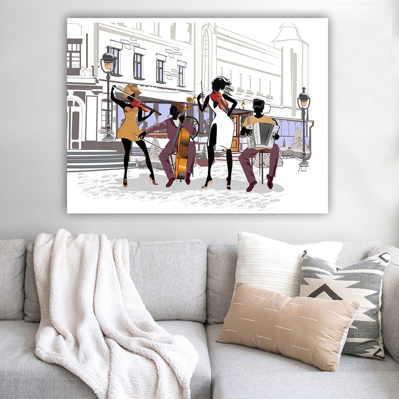 Lærred 70x100 cm - Livlig musikgruppe spiller på gaden med fokus på fire musikere og deres instrumenter - Sort / Rød / Beige - Boligtilbehør - Billeder & kunst - Billeder på lærred