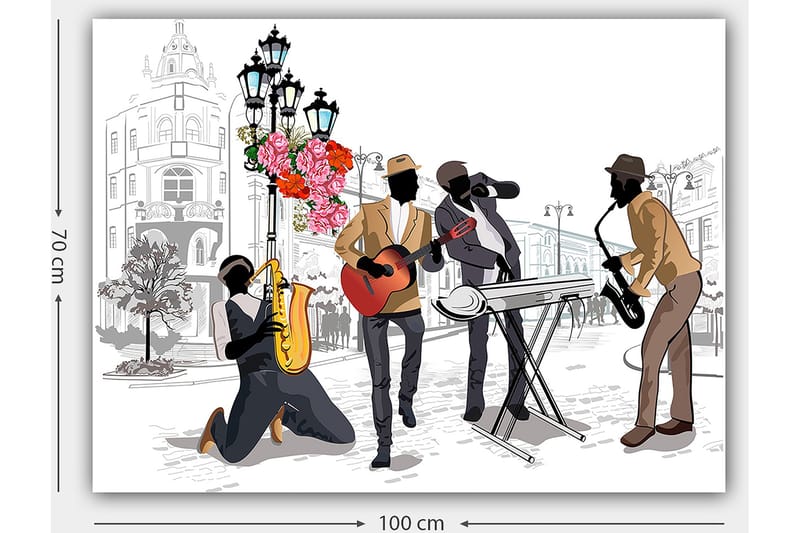 Lærred 70x100 cm - Livlig musikscene med fire musikere, der spiller forskellige instrumenter på en gade, omgivet af blomster og lys - Mørkebrun / Rød / Sort - Boligtilbehør - Billeder & kunst - Billeder på lærred
