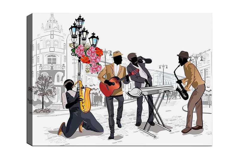 Lærred 70x100 cm - Livlig musikscene med fire musikere, der spiller forskellige instrumenter på en gade, omgivet af blomster og lys, Mørkebrun / Rød / Sort