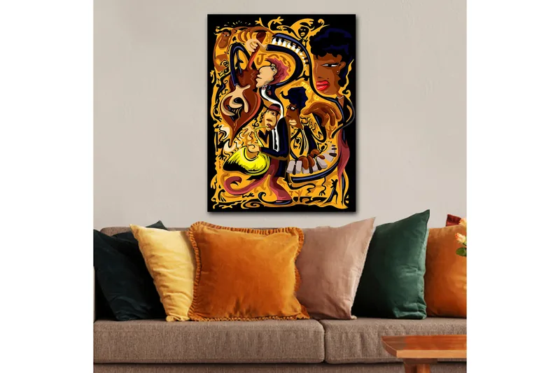 Lærred 70x100 cm - Livlig og dynamisk skildring af musikere, der spiller forskellige instrumenter i en farverig komposition, Guld / Sort / Rød