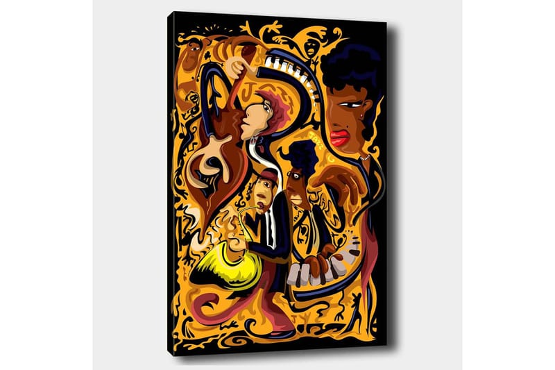 Lærred 70x100 cm - Livlig og dynamisk skildring af musikere, der spiller forskellige instrumenter i en farverig komposition - Guld / Sort / Rød - Boligtilbehør - Billeder & kunst - Billeder på lærred