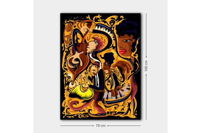 Lærred 70x100 cm - Livlig og dynamisk skildring af musikere, der spiller forskellige instrumenter i en farverig komposition - Guld / Sort / Rød - Boligtilbehør - Billeder & kunst - Billeder på lærred