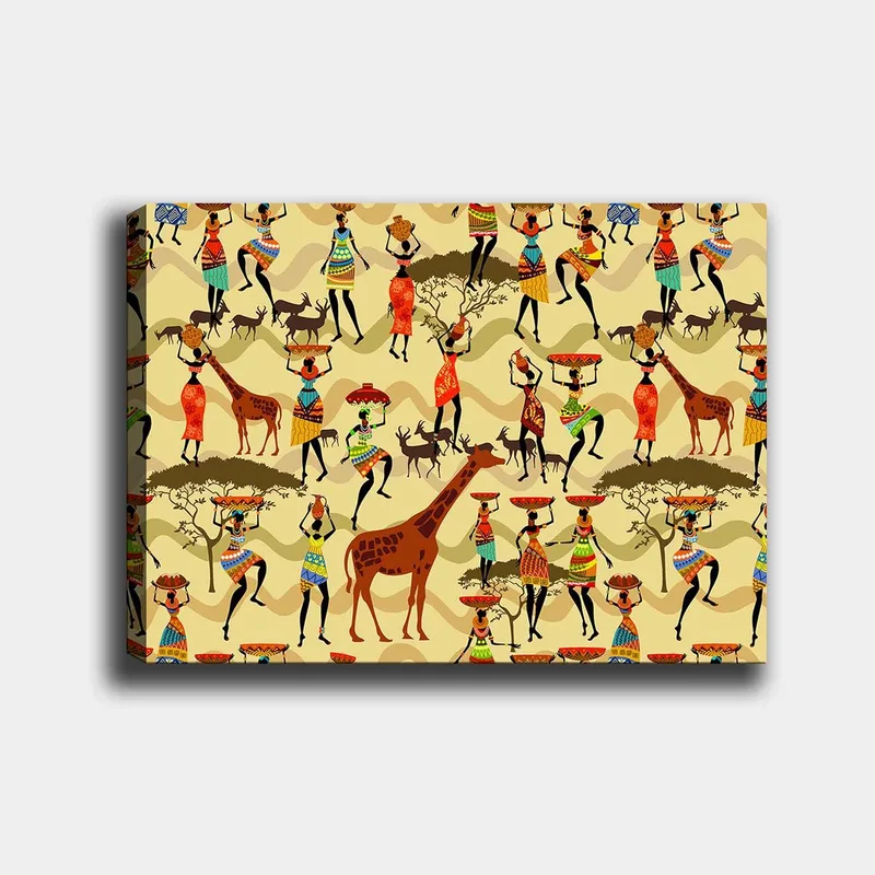 Lærred 70x100 cm - Livlig og farverig scene med mennesker i traditionelt tøj, der danser og interagerer med dyr i afrikanske omgivelser - Rød / Brun / Grøn - Boligtilbehør - Billeder & kunst - Billeder på lærred