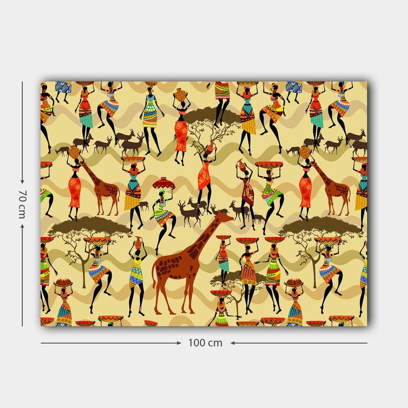 Lærred 70x100 cm - Livlig og farverig scene med mennesker i traditionelt tøj, der danser og interagerer med dyr i afrikanske omgivelser - Rød / Brun / Grøn - Boligtilbehør - Billeder & kunst - Billeder på lærred