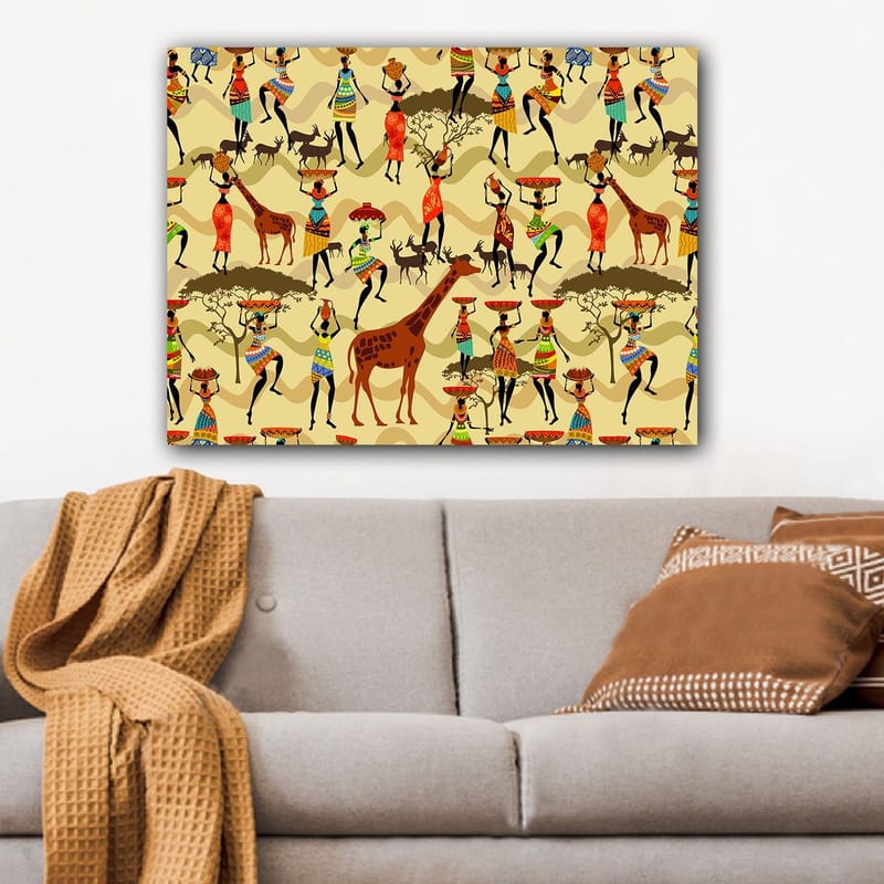 Lærred 70x100 cm - Livlig og farverig scene med mennesker i traditionelt tøj, der danser og interagerer med dyr i afrikanske omgivelser - Rød / Brun / Grøn - Boligtilbehør - Billeder & kunst - Billeder på lærred
