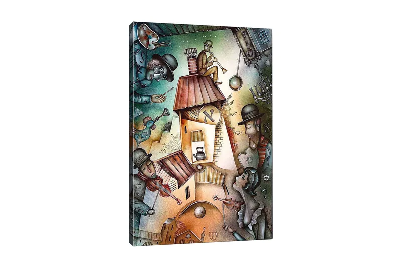 Lærred 70x100 cm - Livlig scene med musikere og en figur, der spiller trompet på taget af et hus, Grøn / Brun / Blå