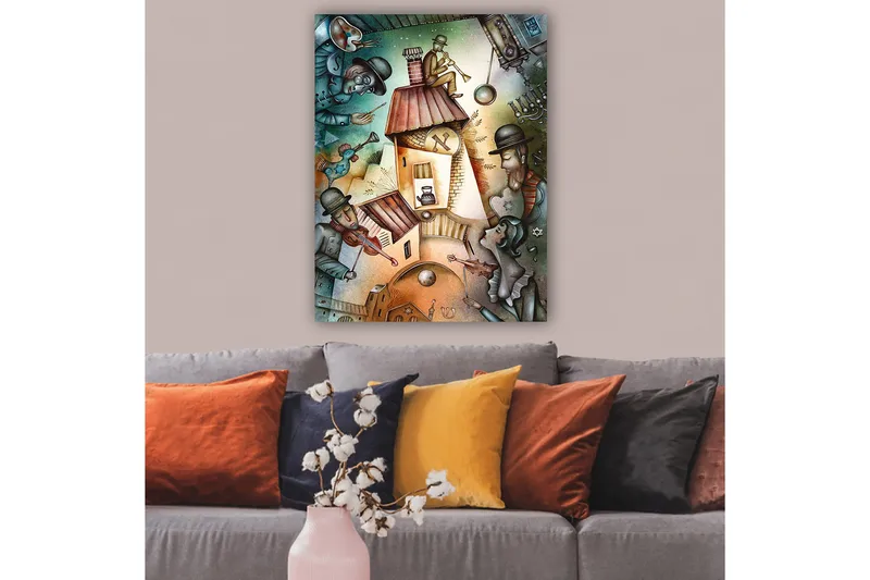 Lærred 70x100 cm - Livlig scene med musikere og en figur, der spiller trompet på taget af et hus - Grøn / Brun / Blå - Boligtilbehør - Billeder & kunst - Billeder på lærred