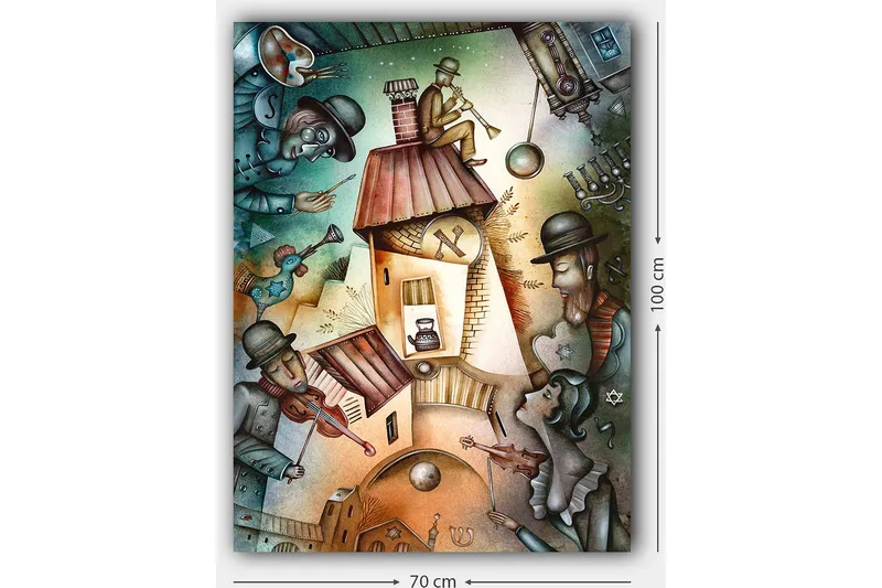 Lærred 70x100 cm - Livlig scene med musikere og en figur, der spiller trompet på taget af et hus - Grøn / Brun / Blå - Boligtilbehør - Billeder & kunst - Billeder på lærred