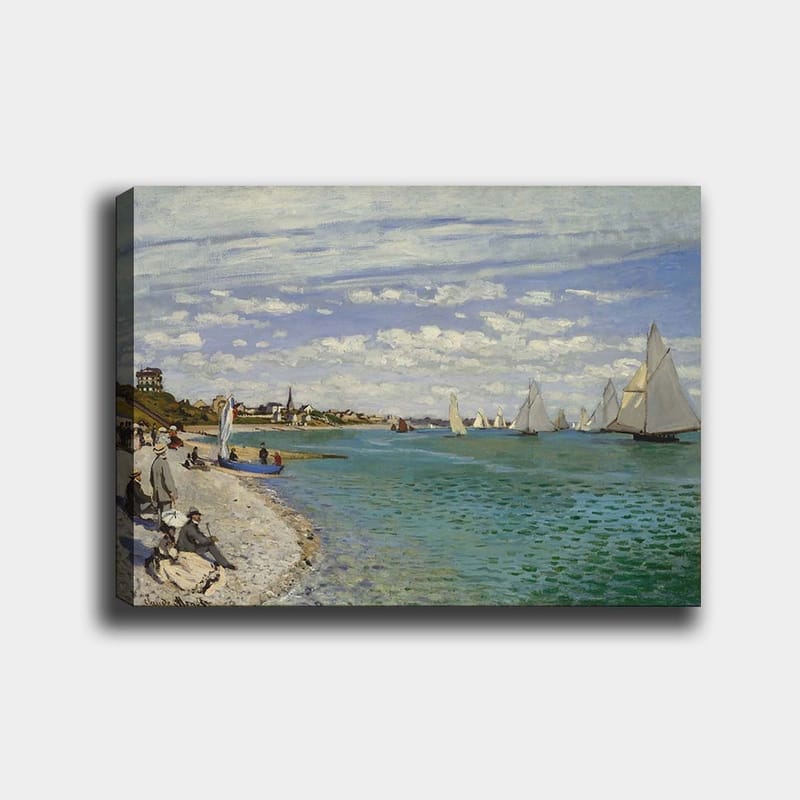 Lærred 70x100 cm - Livlig strandscene med sejlbåde, der glider hen over vandet, Blå / Hvid / Grøn