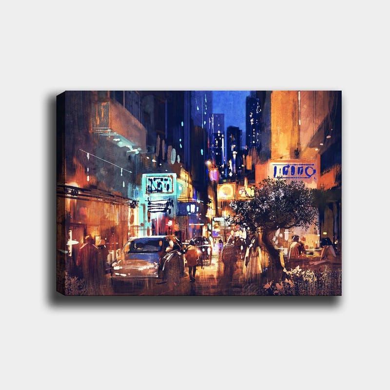 Lærred 70x100 cm - Livligt bybillede med biler og mennesker, der bevæger sig gennem en natlig gade, omgivet af neonskilte og høje bygninger, Mørkeblå / Orange / Grøn