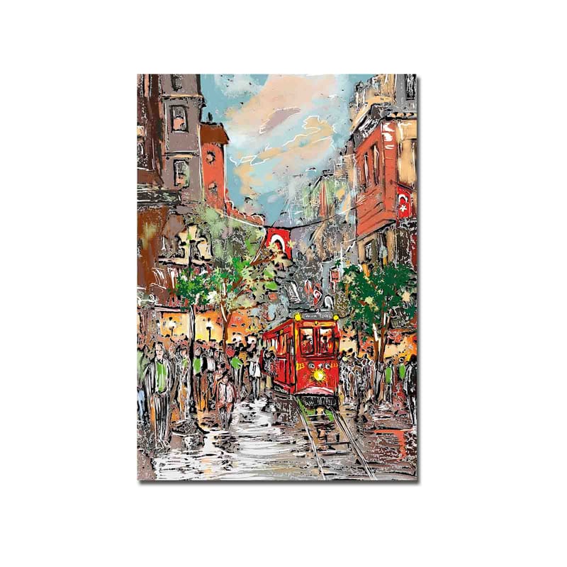 Lærred 70x100 cm - Livligt bybillede med en rød sporvogn, der kører gennem en regnfuld gade, omgivet af mennesker og træer - Rød / Grøn / Brun - Boligtilbehør - Billeder & kunst - Billeder på lærred