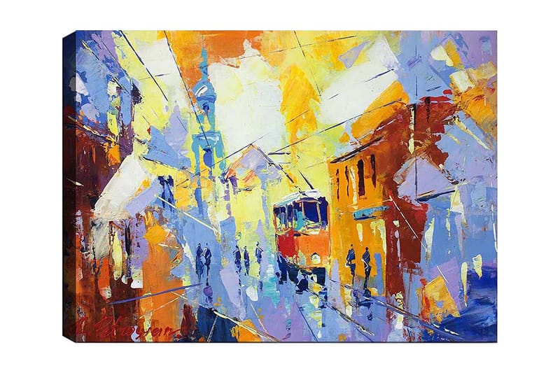 Lærred 70x100 cm - Livligt bybillede med en sporvogn, der kører gennem en farverig gade, Gul / Blå / Orange