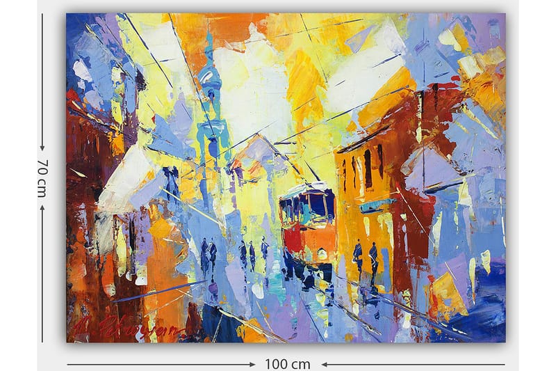 Lærred 70x100 cm - Livligt bybillede med en sporvogn, der kører gennem en farverig gade - Gul / Blå / Orange - Boligtilbehør - Billeder & kunst - Billeder på lærred