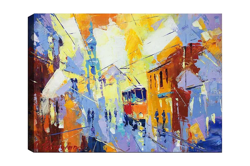 Lærred 70x100 cm - Livligt bybillede med en sporvogn, der kører gennem en farverig gade, Gul / Blå / Orange