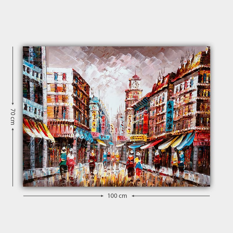 Lærred 70x100 cm - Livligt bybillede med farverige bygninger og mennesker, der går på en regnfuld gade - Rød / Blå / Gul - Boligtilbehør - Billeder & kunst - Billeder på lærred