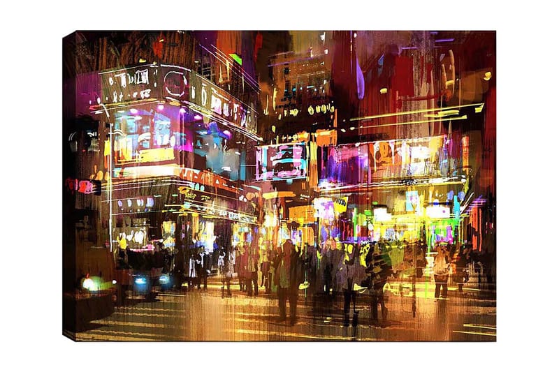 Lærred 70x100 cm - Livligt bybillede med mennesker, der bevæger sig blandt farverige neonskilte og lys, Lilla / Gul / Grøn