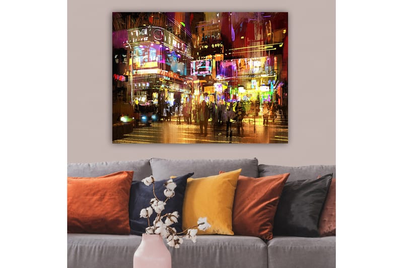Lærred 70x100 cm - Livligt bybillede med mennesker, der bevæger sig blandt farverige neonskilte og lys - Lilla / Gul / Grøn - Boligtilbehør - Billeder & kunst - Billeder på lærred