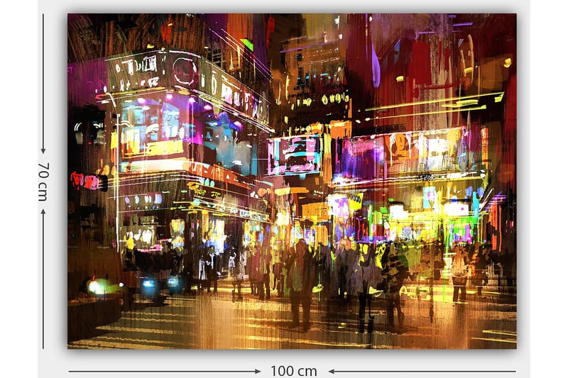 Lærred 70x100 cm - Livligt bybillede med mennesker, der bevæger sig blandt farverige neonskilte og lys - Lilla / Gul / Grøn - Boligtilbehør - Billeder & kunst - Billeder på lærred