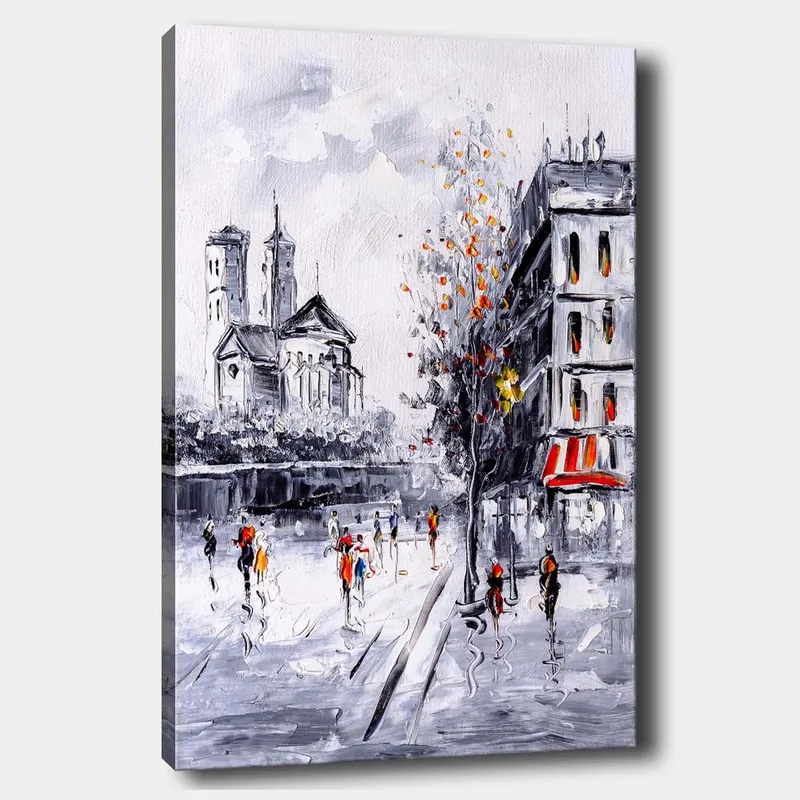 Lærred 70x100 cm - Livligt bybillede med mennesker, der går foran en kirke og bygninger i et efterårsmiljø, Grå / Orange / Sort