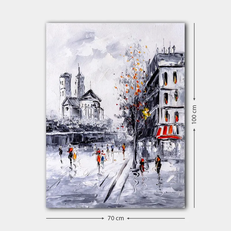 Lærred 70x100 cm - Livligt bybillede med mennesker, der går foran en kirke og bygninger i et efterårsmiljø - Grå / Orange / Sort - Boligtilbehør - Billeder & kunst - Billeder på lærred