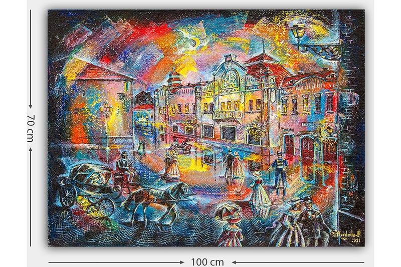 Lærred 70x100 cm - Livligt bybillede med mennesker i historisk tøj, der går på en gade med smukke bygninger og hestevogne - Blå / Rød / Gul - Boligtilbehør - Billeder & kunst - Billeder på lærred