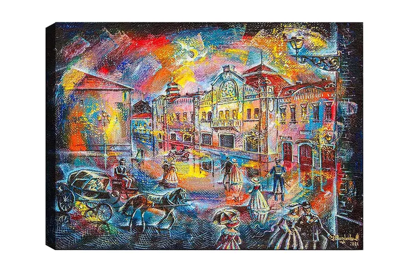 Lærred 70x100 cm - Livligt bybillede med mennesker i historisk tøj, der går på en gade med smukke bygninger og hestevogne, Blå / Rød / Gul