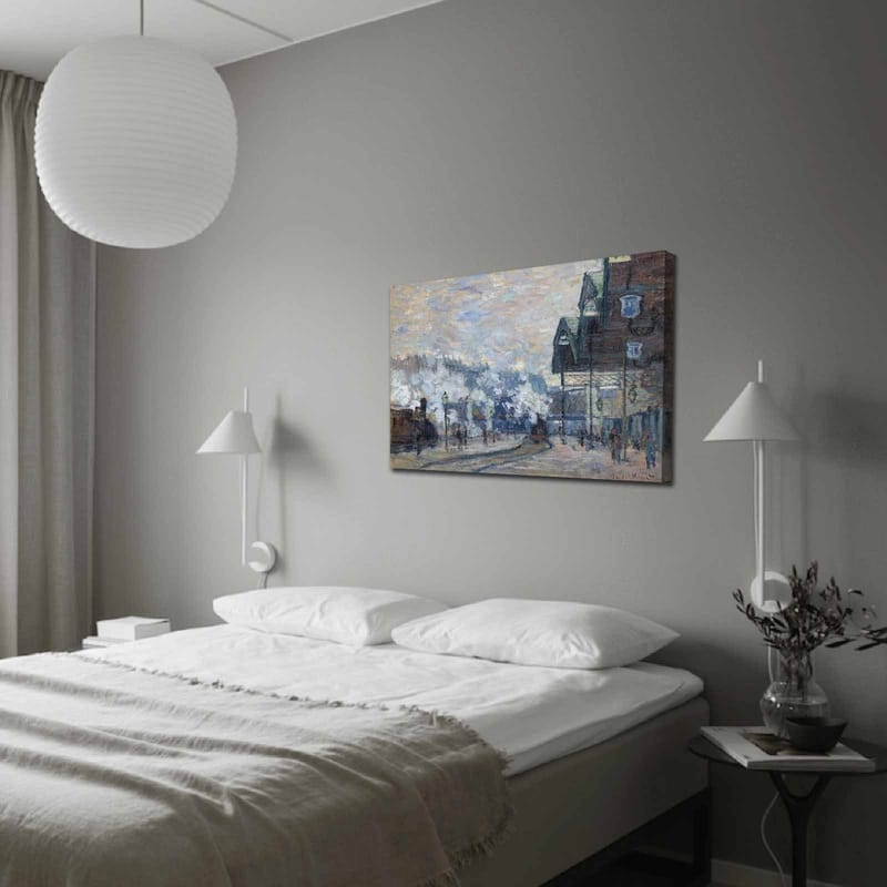 Lærred 70x100 cm - Livligt bybillede med mennesker og bygninger i et vintermiljø, Blå / Grå / Hvid