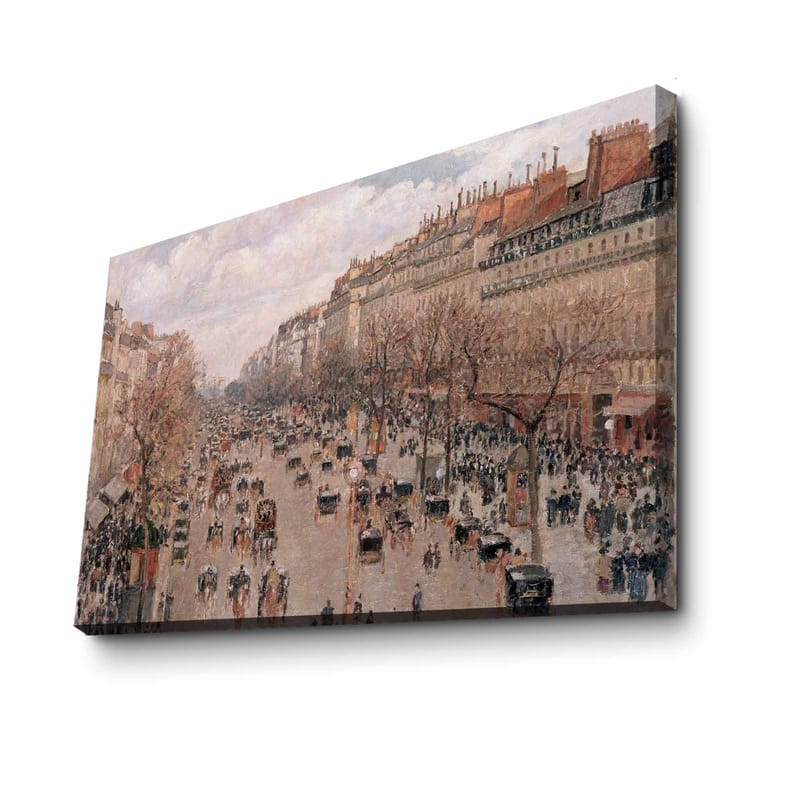 Lærred 70x100 cm - Livligt bybillede med mennesker og hestevogne på en gade omgivet af træer og bygninger - Lys pink / Beige / Mørkegrøn - Boligtilbehør - Billeder & kunst - Billeder på lærred