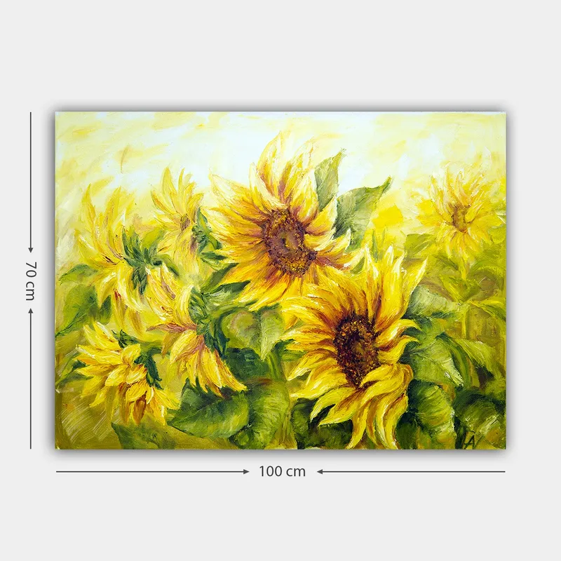 Lærred 70x100 cm - Livligt maleri af solsikker i forskellige nuancer af gul og grøn - Gul / Grøn / Brun - Boligtilbehør - Billeder & kunst - Billeder på lærred