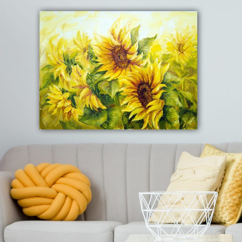 Lærred 70x100 cm - Livligt maleri af solsikker i forskellige nuancer af gul og grøn - Gul / Grøn / Brun - Boligtilbehør - Billeder & kunst - Billeder på lærred