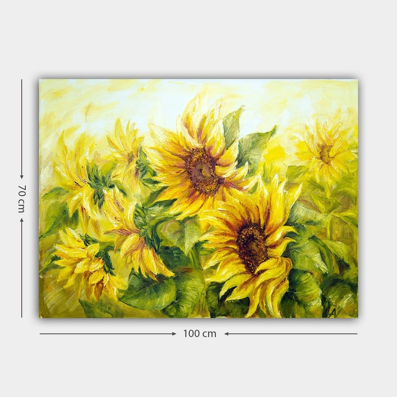 Lærred 70x100 cm - Livligt maleri af solsikker i forskellige nuancer af gul og grøn - Gul / Grøn / Brun - Boligtilbehør - Billeder & kunst - Billeder på lærred